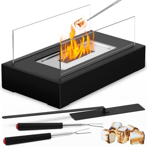 POFIBO Chimenea de mesa para interior y exterior, chimenea de bioetanol con 2 tenedores para barbacoa, chimenea de bioetanol con cristal de seguridad, ideal como fuego de mesa para interior y exterior