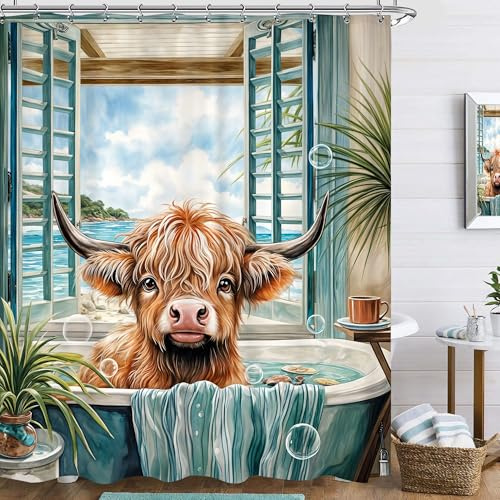 Famiffty Summer Highland Cow Duschvorhang, 152 x 183 cm, Bauernhaus, lustiger Stier, rustikaler Bauernhof, Tier, Ozean, Kalb in der Badewanne, Meer, Strand, Szenen, niedliches Badezimmerzubehör,