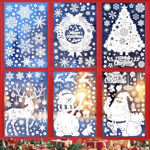 Christmas Fensterbilder Weihnachten Selbstklebend,219Stk. Fensterdeko Weihnachten, Wiederverwendbar Statisch Haftende PVC Aufkleber für Fenster Tür Winter Schneeflocken Weihnachtsdeko, Weiß