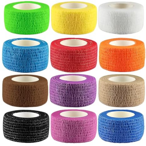 XUZOPIM 12 Rollos Banda Venda Cinta Tape 2,5 Cm X 4,5 M Venda Cohesiva Autoadhesivas Proteger Los Dedos Vendaje Cohesivo Venda Elastica Deportiva Bendaje Adhesiva Para Deportes Mano Brazo Pie