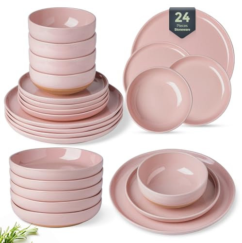 GBHOME 24-teiliges Tafelservice aus gesprenkeltem Steingut für 6 Personen – Unterseite aus handbemaltem Terrakotta, spülmaschinen- und mikrowellengeeignet, Teller- und Schüssel-Set, Pink