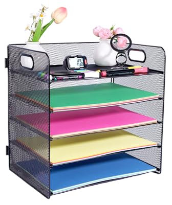 HMXLJJY 5 Tier Office Desk A4 Paper Letter Organiser Tray with Handle,Mesh Desk Organiser Letter Tray,Desktop Filing Document Trays Holders,File Storage Rack for A4 File Folder, Black