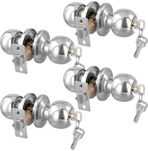 CHIHEUNG 4 Pack 65mm Round Door Handles, Internal Door Lock with Key, Stainless Steel Door Handle with Locks for 25-45mm Thick Doors Bedroom, Bathroom Interior Door Handles