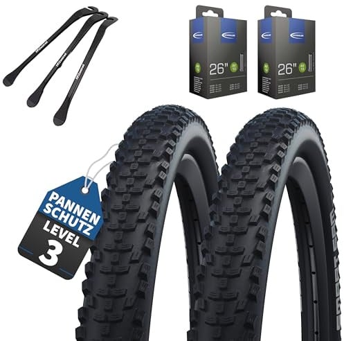 2er Set Schwalbe Fahrradreifen Smart Sam HS624, 26 Zoll x 2.00 Zoll (50-559), auswählbar mit Schläuchen AV/DV/SV/Ohne + 3 MSZweirad Reifenheber (AV-Auto Ventil, 26x2.00 Zoll (50-559))