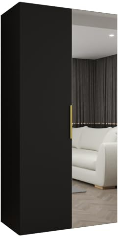 MEBLE KRYSPOL - Kleiderschrank mit Spiegel - Drehtürenschrank - Schrank 100x202x52cm - Garderobenschrank Schlafzimmer, Flur, Jugendzimmer - Farbe Schwarz, Griff Gold - Marbella 2 100
