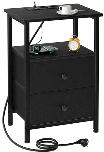 AMHANCIBLE Nachttisch mit Ladefunktion, Beistelltisch mit 2 Stoffschubladen | Sofatisch mit offenem Regal, 2 USB-Anschlüssen & 2 Steckdosen, Nachtschrank für Schlafzimmer, Wohnzimmer, Schwarz HETS020BK-1