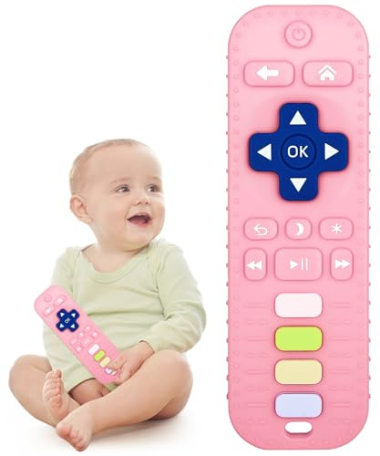 WUJUN Baby Teether Toy Chew Toy for Babies 3-24 Months TV Remote Control Shape Teething Relief Baby Toys for Infants (Pink)
