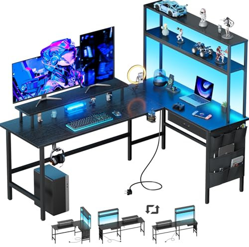 HLFURNIEU Bureau d'angle avec Rangement, 170 x 100 cm Bureau Gaming en L avec LED, Table Ordinateur avec Prise Intégrée & Port USB, Table Gamer avec Tiroir, Sac de Rangement et Support d'Ecran, Noir