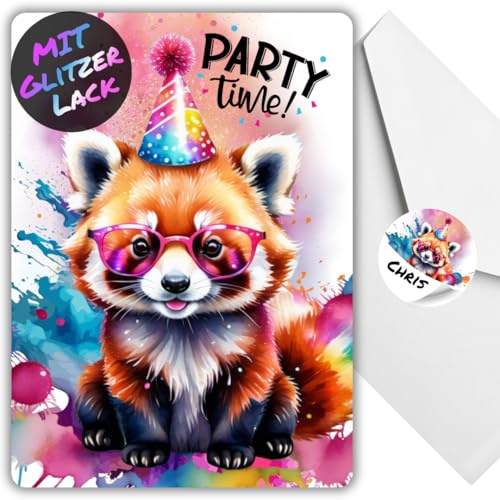 celebr8te 12x Party Roter Panda Glitzer Einladungskarten - Teenager Kindergeburtstag Jungen & Mädchen - coole Tier Geburtstagseinladungen +12 Umschläge +12 Sticker