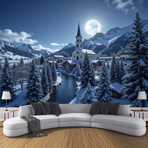 Tapete 3D Fototapete Winterlandschaft 200 x 140 cm Wandtapete Wandbilder Dorf unter dem Nachthimmel Foto Tapeten Wanddekoration Für Wohnzimmer Schlafzimme Tapete Motivtapeten