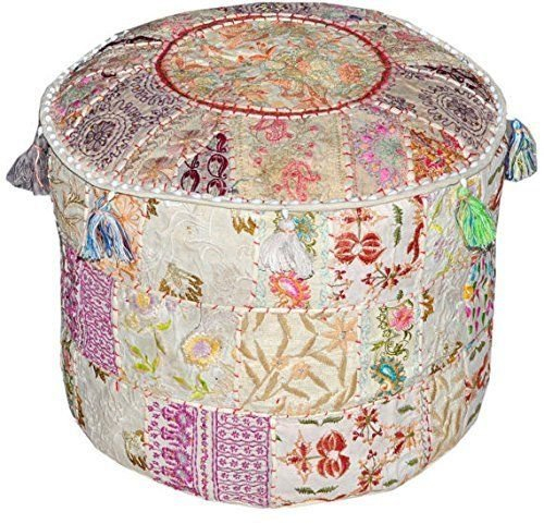 JaipurHandloom weißer indischer Pouf Hocker Vintage Patchwork verziert mit Patchwork Wohnzimmer Ottomane Bezug, 46 x 33 cm