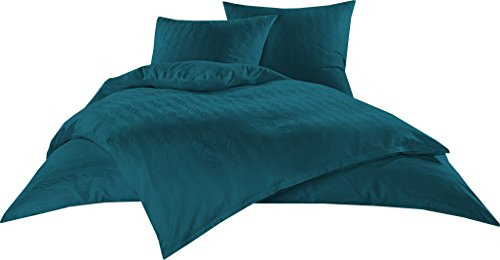 Bettwaesche-mit-Stil Mako Satin Damast Bettwäsche Garnitur Waves Petrol Blau (200 cm x 220 cm + 2X 80x80 Kissen)