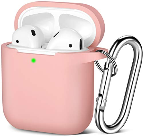 Maledan Kompatibel mit AirPods Hülle AirPods Case Apple Airpods 2 & 1, Voller Schutz Silikon Schutzhülle (Front LED Sichtbar) mit karabiner, Hell Rosa