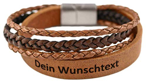 123Reis, Armband mit Namen, Lederarmband Herren mit Gravur, personalisiertes Geschenk für Männer und Frauen, Echtleder cognac, Magnetverschluss Edelstahl, Freundschaftsarmband, Partnerarmband