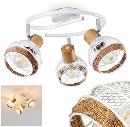 Deckenleuchte Bariloche, runde Deckenlampe aus Metall/Holz/Hanfseil in Weiß/Chrom/Natur, 3-flammig, Lampenschirme dreh- u. schwenkbar, 3 x E27-Fassung, Gitter-Optik, ohne Leuchtmittel