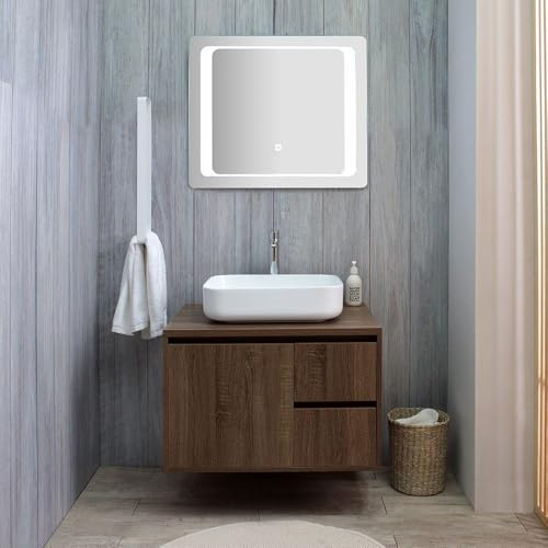KIAMAMI VALENTINA - 75 cm Möbelset für das Bad in dunkler Nussbaum-Holzoptik und LED-Spiegel | Siena