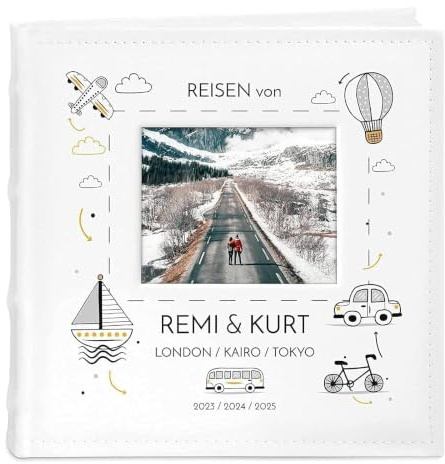 Maverton Einsteckalbum + mit Aufdruck - für 200 Fotos 10x15-100 weiße Seiten - Größe 21x22cm - Weiß - Geschenk für Paare - Hochzeitsgeschenk - Hochzeitstaggeschenke - Reisen