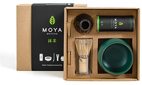 Organic Moya Matcha Green Tea Set | 30g Traditional Grade (I & II) Pack + Bowl + Whisk + Holder + Spoon | Traditional Ceremonial Grade Powder Complete Preparation Kit Gift