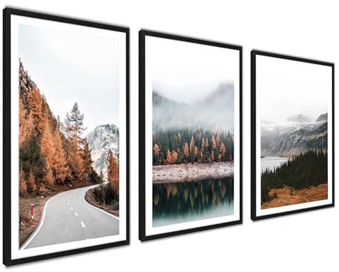 3er Set Poster 21x30cm Ohne Rahmen Wanddeko Wohnzimmer Ideal als Geschenk | Landschaft Berge Wald Braun Gold Bilder als Wanddeko Wohnzimmer & Schlafzimmer, Modernes Design, Hochwertige Qualität, Flur
