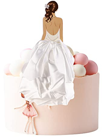 1Pc Woman Back Silk Gauze Skirt Wedding Cake Toppers Girl Happy Birthday Cake Toppers Bride to Be Cake Decorating Supplies Cupcake Topper Bachelorette Party Decorations White