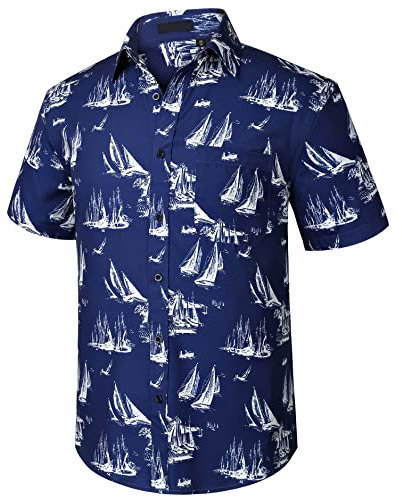 Enlision Men Funky Hawaiian Shirts Short Sleeve Casual Button Down Front Pocket Summer Aloha Party Shirt Beach Palm Tree Holiday Surf Print Navy Blue Hawaii Shirt for Party Vacation Unisex L
