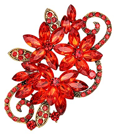EVER FAITH Broche Elégante Strass Cristal Vintage Inspiré de Fleur Cluster Marquise Broche pour Vêtements Rouge Ton Antique Or