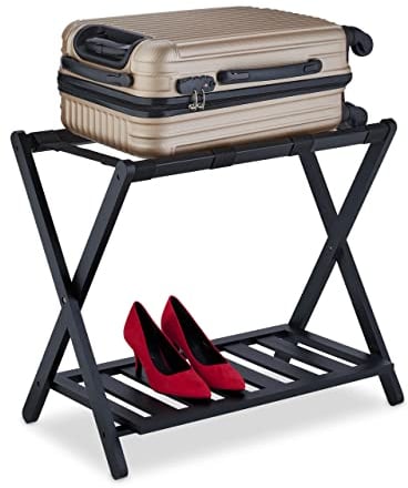 Relaxdays Repose-Valise, Pliant, Bambou, HxLxP : 59x68x40 cm, Porte-Bagage avec étagère, Support Sac Voyage, hôtel, Noir
