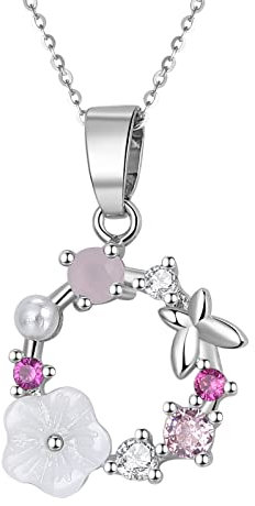JewelryWe Collana da donna Romantica fiore di ciliegio farfalla corona cristallo ciondolo con catena oro rosa argento, Rame
