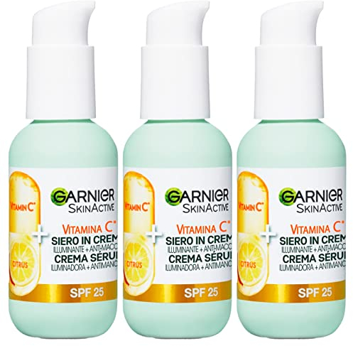 Garnier SkinActive Vitamin C Gesichtsserum 2-in-1 Aufhellende und Anti-Flecken-Creme LSF 25 für stumpfe, ungleichmäßige Haut, Formel mit Vitamin C und Zitrusextrakt – 3 Flaschen à 50 ml