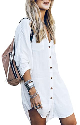 KFLY Women's Blouse Beach Bikini Cover Up Long Sleeve Shirt Swimwear Dress Bikini Cover-ups Tops Oversized Turn Down Collar Bathing Suit Cover Ups White (KF201)