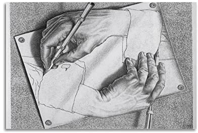 JAHER M.C. Escher Paintings Artworks – (Zeichnung Hände) Poster Malerei auf Leinwand Wandkunst Scrollbild Bild Druck Wohnzimmer Wand Dekor Häuser 40 x 60 cm