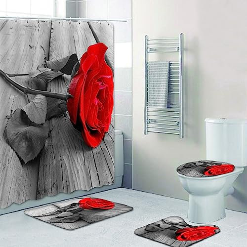 Rideau Douche Rose Grain De Bois Tapis de Bain Ensemble 4 Pièces, Rideau de Douche Anti Moisissure Polyester+Type U Tapis Salle de Bain Extérieur Antiderapant+Doux Tapis(50x80)+Epaissir Tapis WC