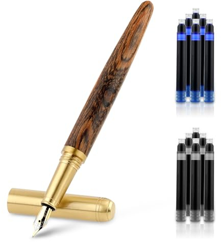 Cobee Wooden Fountain Pen with 12 Pcs 2.6 mm Ink Cartridges, Handcrafted Luxury Wood Fountain Pen Vintage 0.5mm Fine Point Journaling Pen for Business Calligraphy Gifts Supplies (B)
