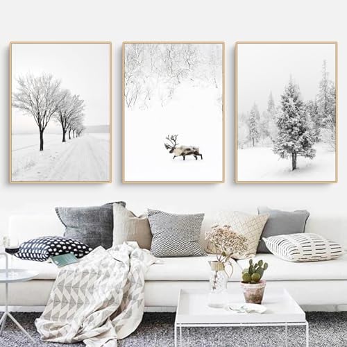 Uixxducc Winter Poster Wohnzimmer Bilder 3er Set Tanne Elch Winterlandschaft Wandbilder Kunstdrucke Leinwand Bilder Ohne Rahmen Einfachheit Wandposter (40 x 50 cm)