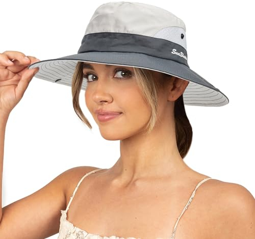 Sonnenhut für Damen, Sommer, UV-Schutz, Strandhut, breite Krempe, Netzstoff, Fischerhut mit Pferdeschwanz-Loch, faltbar, verstaubar, Beige, Grau (1 Stück), Medium