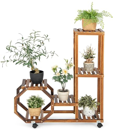 HOMASIS Jardinera 6 Niveles, Jardinera de Madera con Ruedas, Jardinera con Varios Niveles, Escalera de Flores para Interior y Exterior, Escalera de Plantas para salón, balcón (87,5x29x102,5cm)