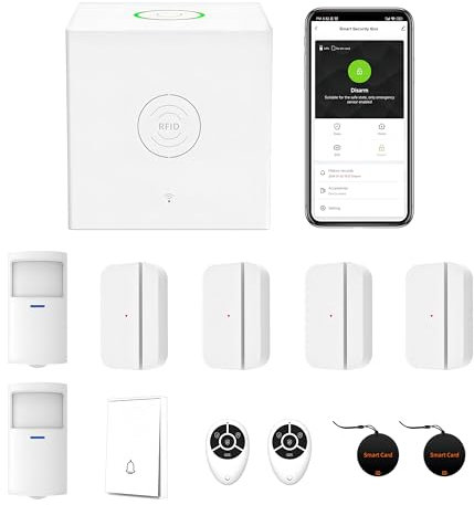 Mengshen WLAN-Alarmsystem-Set, 12-teilig, inklusive Türfenster-Sensor, Bewegungsmelder, Türklingel, Fernbedienung, 24/7-Überwachung, App-Benachrichtigung, für Zuhause, Sicherheit, Wohnung, Büro,