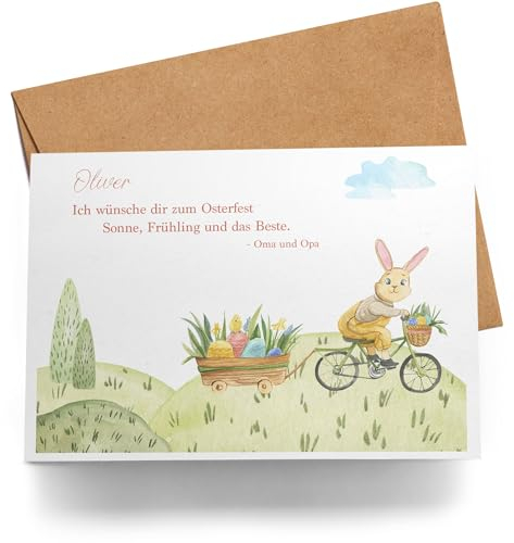 Kiddle-Design Personalisierte Osterkarte mit Namen & Text – Ostermotiv Hase auf Fahrrad Klappkarte für Ostergrüße Karte zu Ostern Oster Grußkarte