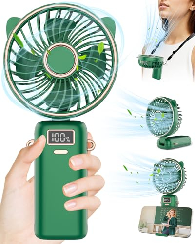 Ventilator Klein,Tragbarer Ventilator mit Powerbank,4500mAH Faltbarer Ventilator Klein,Silent Handventilator Batteriebetrieben,Handventilator Katze Personalisierte Geschenke für Mama Papa Kinder Grün