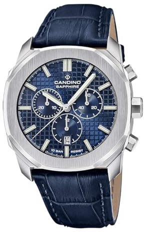 Candino Swiss Herrenuhr Analog aus Leder Blau C4747/2 | Quarzwerk, Chronograph, Kalender, Widerstandsfähiges Saphirglas