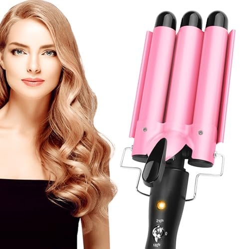 Plancha ondulada para cabello, rizador con 3 barriles con temperatura ajustable, rizador de pelo ondulado de 25 mm, calentamiento rápido, onda grande para largo y corto, herramienta de peinado para el
