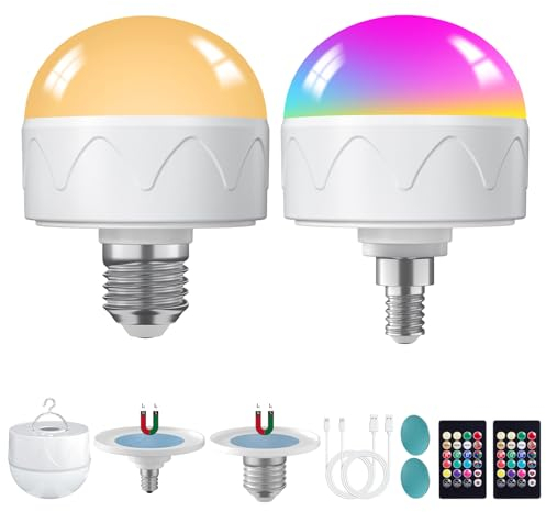HYDONG Aufladbare Glühbirne mit Batterie, E27/E14 Farbwechsel Akku Glühbirne mit Fernbedienung, USB-C Wiederaufladbare Birnen mit Timing Funktion, 3 Farbtemperaturen, 12 Farbige, Dimmbar, 2 Stück