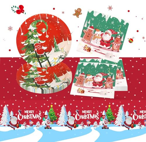 41pcs Christmas Paper Tableware Set, Red Green Party Tableware Decorations Including Table Cloth Napkins Paper Plates, Xmas Party Table Decorations for Boys Girls 20 Guests (Red-02)