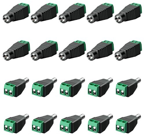 brileze Paquete de 20 conectores macho hembra de 5,5 mm x 2, mm, 12 V CC, conector impermeable, adaptador de terminal de tornillo, enchufe de enchufe para cámaras de seguridad CCTV, tiras de luz LED