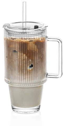 KEMORELA 24 Oz Ribbed Glass Tumblers with Lids and Straws, Ribbed Glass Cup with Handle, Iced Coffee Glassware, Clear Reusable Drinkware for Smoothies and Beverages (Ribbed Pattern)