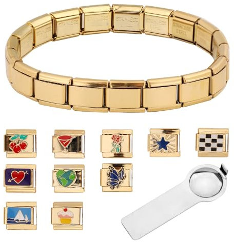 Mikovivi Bracelet à Breloques Italien, Bracelet Italien en Or avec Outil d'Ouverture et 10 Breloques Détachables Breloques de Bracelet Italien en Acier Inoxydable Bracelet Breloques Italien Réglable