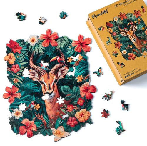 Figured'Art Holzpuzzle Erwachsene und Kinder 200 Teile Tiere - Giraffe mit Blumen - Originelles Design 23x28,7 cm Einzigartige Form mit Premium-Holzkiste