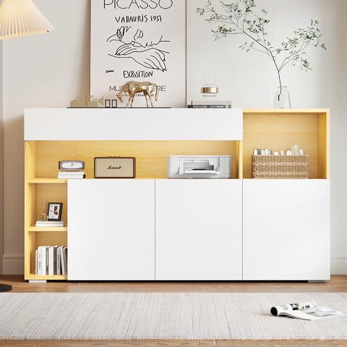 Idemon Aparador de luz ambiental de 140 cm de ancho, multifunción, aparador alto, armario de lujo, para salón, armario de esquina para pasillo, armario de dormitorio, color blanco y roble