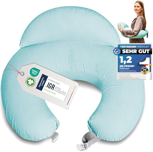 sei Design Stillkissen klein Baby- Stillhörnchen mit abnehmbaren Stillkissenbezug aus 100% Baumwolle - Stillmond - Stillkissen Mond Lagerungskissen, Baby Erstausstattung (Comfortcuddle Streifen Mint)