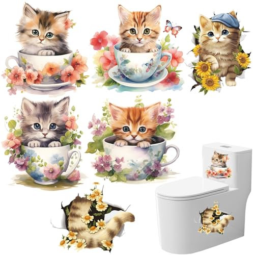 6 Piece Cat Toilet Seat Sticker,Bathroom Toilet Seat Lid Cover Decals Stickers,A Cat Surrounded by Flowers for Wall Decoration, Refrigerators, Bathrooms, Rooms, etc(27x29cm)